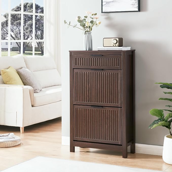 2 Flip Drawers Shoe Cabinet Storage for Entryway, Narrow Hidden Shoes Organizer for Front Door Entrance, Free Standing Shoes Cabinet Wooden Hallway Shoe Rack(Brown)