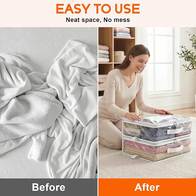 10 Pack Clear Storage Bags with Zipper Handle, Sheet Organizers and Storage | PVC Blanket Storage Bags, Foldable Under Bed Organizer for Baby Clothes Shoes Sweater Toy Bedding Sheet, 15.7x13.8x3.9’’