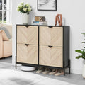 Shoe Cabinet with 4 Flip Drawers, Narrow Entryway Rack, Oak&Black | Slanted Wood Grain, Freestanding, Adjustable Compartments, Removable Middle Shelf, Metal Handles, for Hallway Foyer Entrance