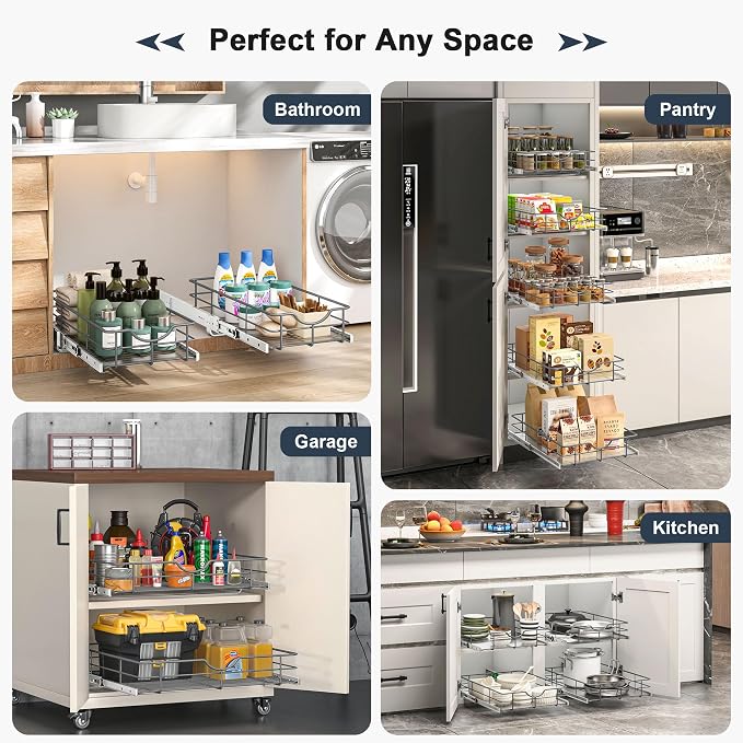 Pull Out Shelves - 23" W x 22" D Soft Close Pull Out Cabinet Organizer 1 Tier - Sliding Shelves with Shelf Liner - Heavy Duty Steel Wire Drawers for Kitchen Cabinets, Pantry, Bathroom