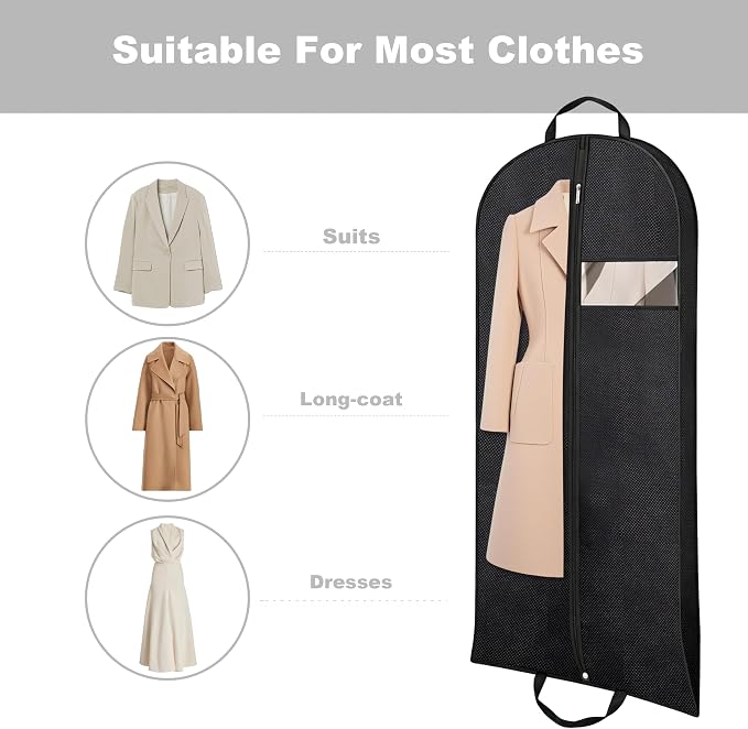 Gusseted Dress Bags for Gowns Long, 60'' Garment Bags for Hanging Clothes, Suit Bag Cover for Storage and Travel (Black)