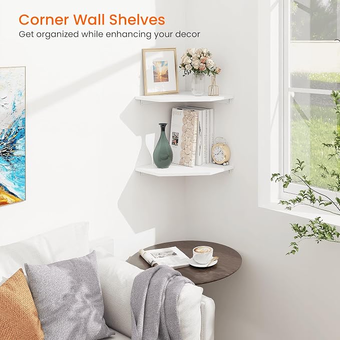 Homode Corner Shelf Wall Mount, Set of 2 Corner Floating Shelves with Cord Hole for Speaker, Cable Box, 2 Tier Wood Hanging Storage Shelf for Bathroom Living Room Bedroom, White