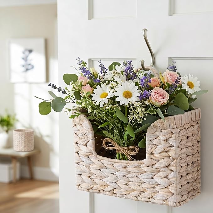 PINXIURY Magazine Holder Wall Basket Water Hyacinth Woven Mail Organizer, Wicker Wall Hanging Baskets for Magazines, Letters & Storage Decorative Mail Holder, Magazine Rack, Hanging Basket, Whitewash