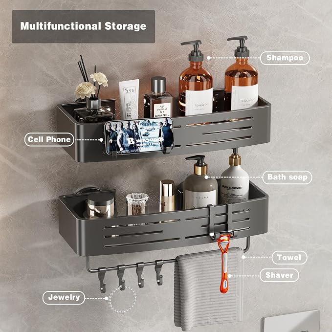 Voldra Shower Caddy Suction Cup, 3 Pack Shower Shelves for Inside Shower No Drilling, Aluminum Suction Showers Organizer with Towel Bar & Hooks Removable Bathroom Shelf Storage Rack(Gray)