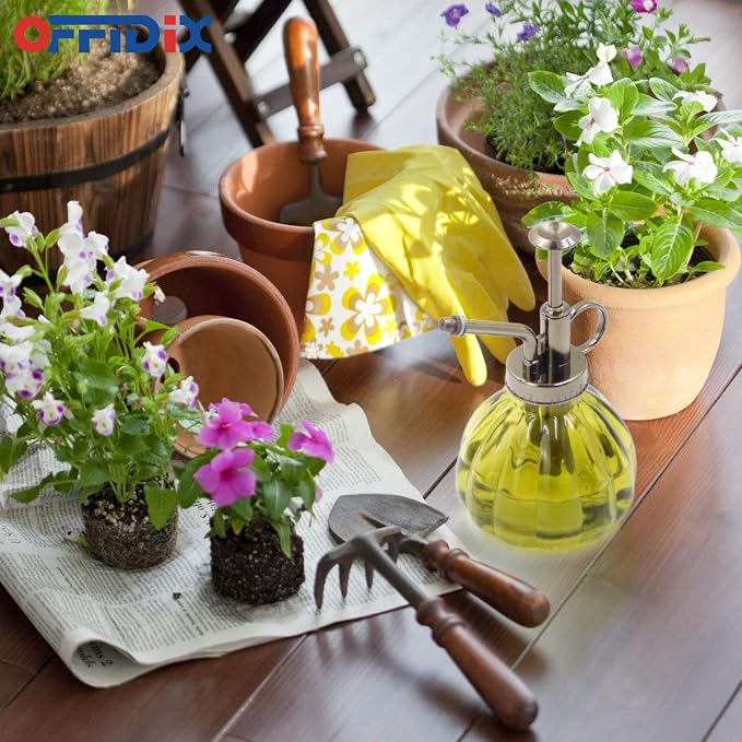 OFFIDIX Plant Mister,Glass Spray Bottle Small Watering Can Indoor 6.3" Tall Vintage Pumpkin Style Plastic Top Pump One Hand Mister Spray Bottle for Indoor Potted Plants (Olive Green)
