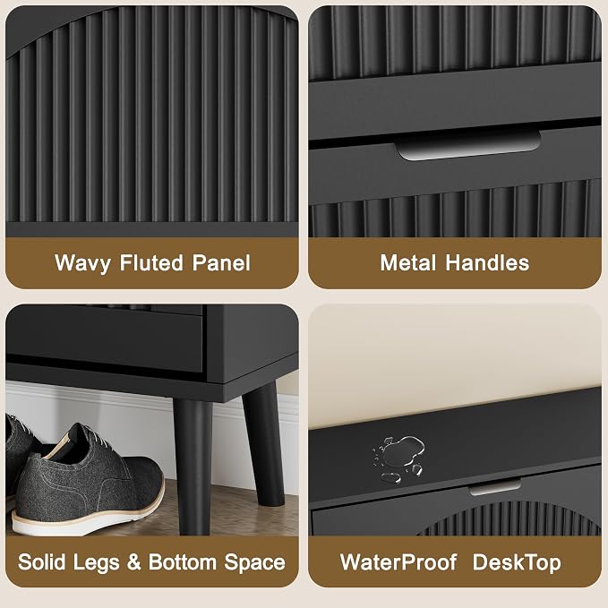 Shoe Storage Cabinet with 2 Flip Drawers, Narrow Wood Shoe Organizer Cabinet with Fluted Panel, Slim Shoe Rack for Entryway, Freestanding Shoe Cabinet for Living Room, Hallway, Black