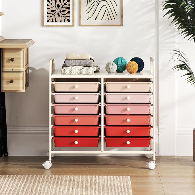 COSTWAY 12-Drawer Rolling Storage Cart, Utility Storage Organizer Cart | For Tools, Scrapbook, Paper, Craft, Multipurpose Art Supply Organizer on Wheels for Home Office School, Teacher, Mixed Pink