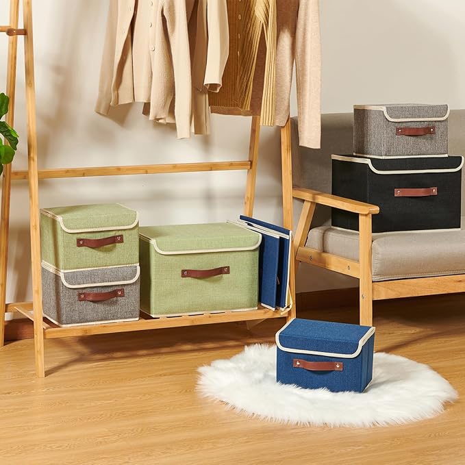 2PCS Storage Boxes with Lid Cotton Linen Fabric Storage Bins Organizer Container Decorative Collapsible Washable Shelf Closet Baskets Faux Leather Handles Home Bedroom (Black, Large Size)