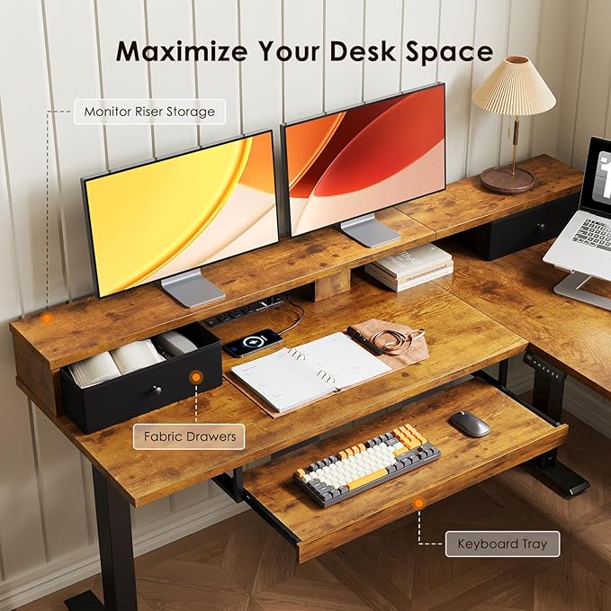 OffiGo 59 Inch L Shaped Electric Standing Desk with Drawers, Rustic Brown | Monitor Stand, Keyboard Tray, Fabric Drawer, Power Outlets, Height Adjustable Corner Stand Up Desk for Organized Home Office
