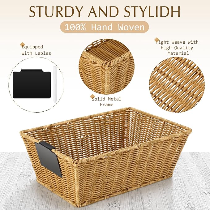 Marsui 6 Pcs Wicker Storage Baskets for Pantry Organization with Labels Handwoven Multi-size Natural Wicker Storage Bins for Organizing Small Baskets Container for Shelves Closet Toilet