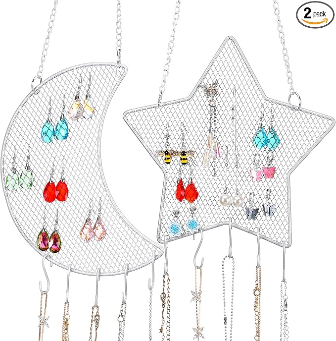 Jetec 2 Pcs Earring Wall Holder Wall Mounted Organizer Hanging Stand Decorative Diamond Grid Shape Jewelry Display Rack with Hanging Hooks for Earrings Necklace Bracelet(White)