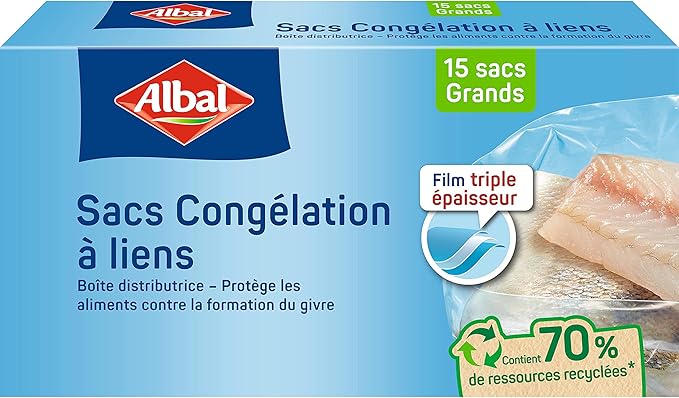 Albal - 15 Freezer Bags with Ties - Large Model 6L - Triple layer - Dispenser box - 70% recycled resources