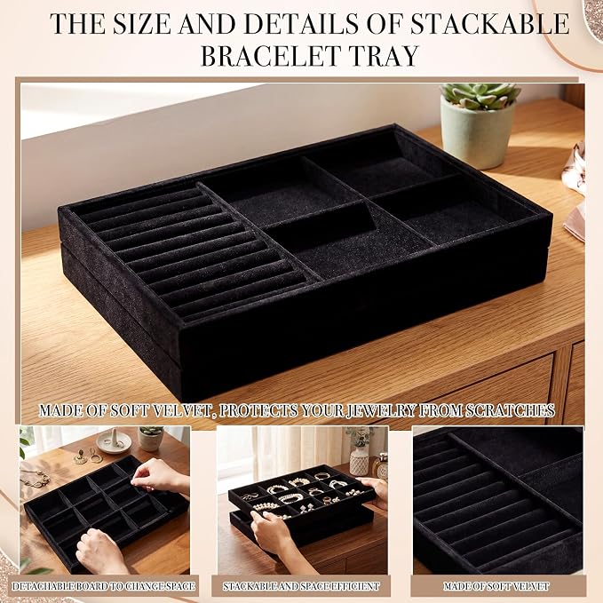 Unittype Set of 4 Stackable Jewelry Organizer Tray for Drawer Inserts Velvet Necklace Earring Bracelet Ring Holder Jewelry Display Storage Box for Bangle Stud Necklace Ring (Mixed Styles,Black)