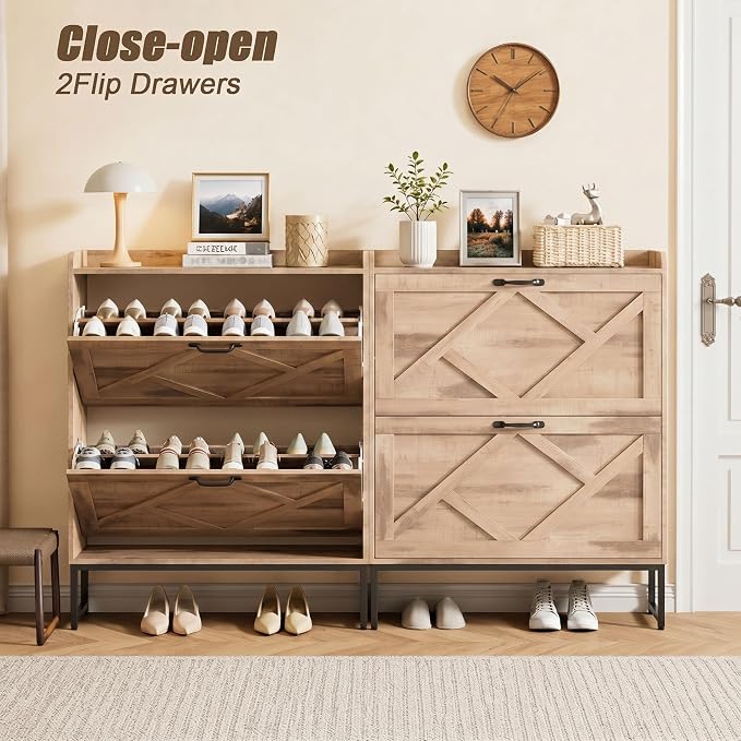 Nicetree Shoe Cabinet Storage for Entryway, Slim Shoe Storage Cabient with 2 Flip Drawers, Narrow Vertical Shoe Rack Cabinet with Metal Hooks, Small Space Solution for Hallway, Oak