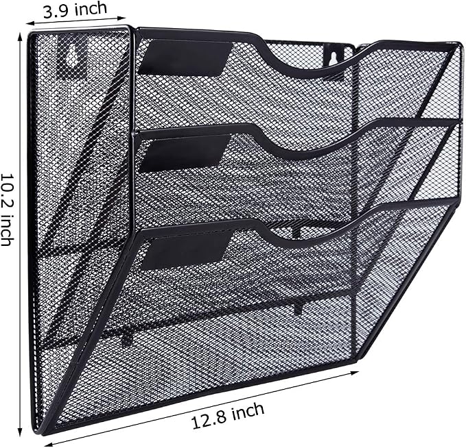 EASEPRES 3 Pocket Mesh Hanging Wall File Organizer, Wall Mounted Mail Paper Document Folder Holder, Clipboard Storage Organization Magazine Rack with Nametag Label for Office Home School, Black