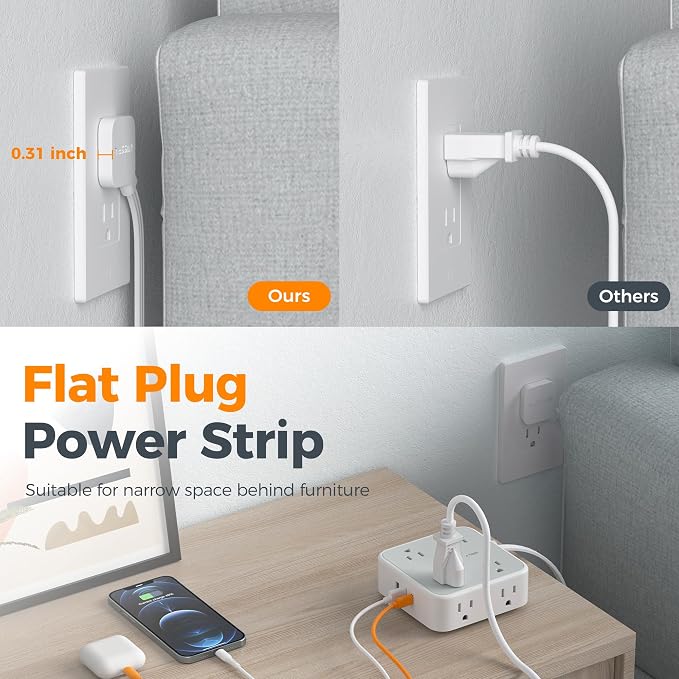 TESSAN Surge Protector Power Strip, 5 Ft Flat Plug Extension Cord with 3 USB (1 USB C 20W PD) 8 Outlets, 900J Protection, 3 Sided Outlet Extender with Power Switch for Office, Dorm Room, Grey