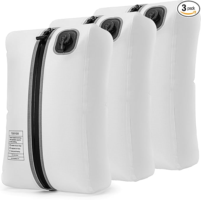 Reeyee Electric Vacuum Compression Bag, 20L Portable Travel Packing Cube with Built-in Pump, Type-C Rechargeable, Waterproof TPU, Saves 60% Space (3, White)
