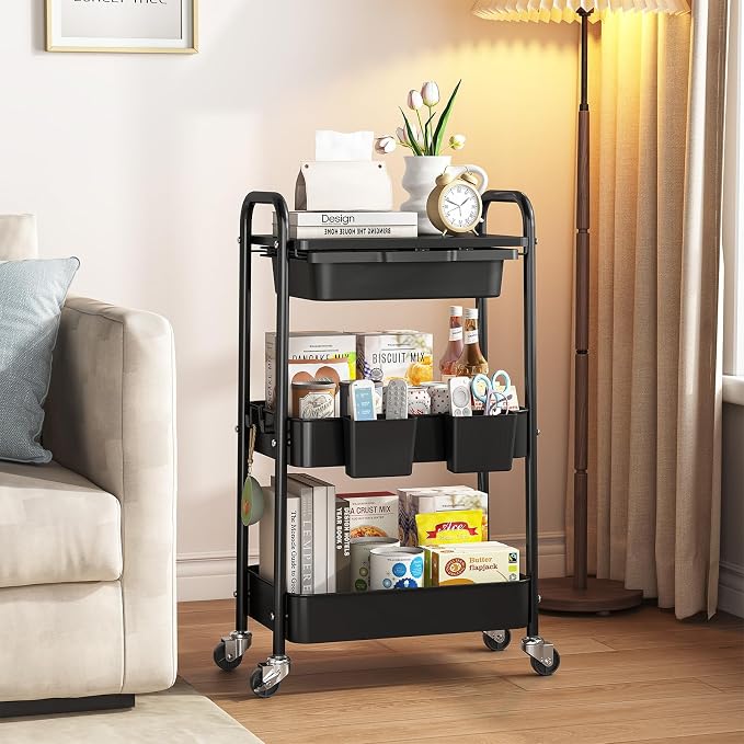 3 Tier Metal Rolling Utility Cart with Drawer & Lockable Wheels - Heavy Duty Multifunctional Storage Organizer with 2 Cups and 4 Hooks for Bathroom, Kitchen, Snack, Craft, Makeup, Baby Essentials