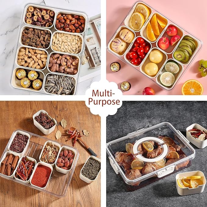 Divided Fridge Storage Box With 8 Serving Tray With Lid And Handle Refrigerator Food Storage Box Plastic 8 Compartment Fridge Container Storage Organiser Fruit Snack Storage (8 Grid)