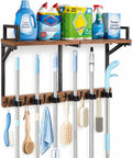 Lorbro Broom Holder Wall Mount with Cleaning Supplies Storage, Heavy Duty Broom and Mop Organizer Wall Hanging, Wooden Mop Organizer Hanger, 3 in 1 Storage Shelves for Laundry Room, Garage, Closet