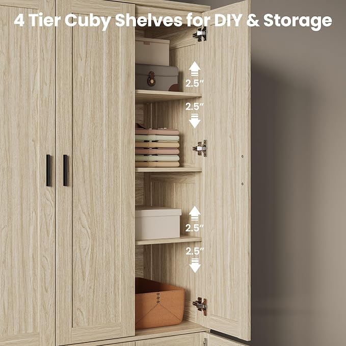 ANCTOR 70.6 Inch Armoire Wardrobe Closet with Drawers (Light Oak) | Hanging Rod, Drawers, Adjustable Cube Shelves, Closed Cabinet Organizer, Modern Bedroom Clothes Cabinet