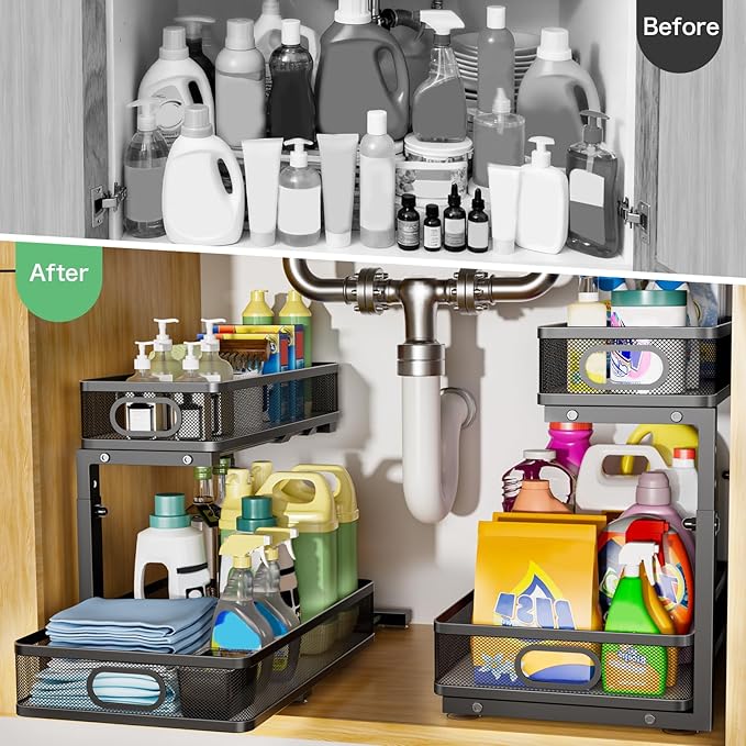 Under Sink Organizer 2 Pack, High Adjustable 2 Tier Under Sink Organizers and Storage, Slide out Metal Cabinet Organizers, Pull out Storage Drawer Shelf for Kitchen Bathroom Cabinet