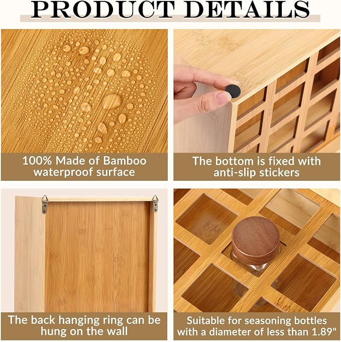 Novabright 16 Grids Bamboo Spice Rack Organizer, Wooden Spice Rack Wall Mount with Square Compartments, Wood Hanging Shelf for 4 oz Glass Jar Drawer Cabinet Kitchen Countertop Wall, Jars Not Included