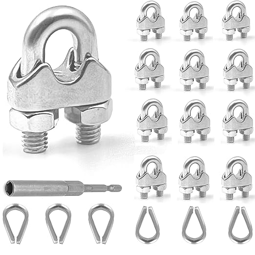 12 Pcs M5 Cable Clamps,Wire Rope Clamp,6 Pcs 3/16" Thimble | Stainless Steel Smooth Rods for Industry, Metal Working Hobbies and DIY Craft