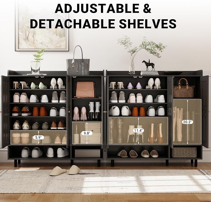 Shoe Cabinet with 3 Doors and Adjustable Shelves, Large Shoe Storage Cabinet for 24–30 Pairs, Modern Farmhouse Shoe Organizer with Open Bottom Shelf for Entryway, Living Room, Black