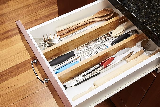 Bamboo Kitchen Drawer Organizer Divider Stackable for Deep Drawers. (Set-of- 4) Spring Loaded Dividers that are Expandable & Adjustable. Kitchen Organizer.