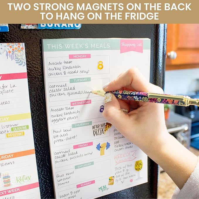 bloom daily planners Weekly Meal Planning Pad - Magnetic Hanging Refrigerator Menu Planner with Tear-Off Sheets & Perforated Grocery Shopping Lists - 6” x 9” (Pink & Teal)
