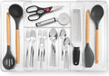 Masirs Expandable Utensil Drawer Organizer - BPA-Free Plastic Clear Silverware Tray with Multiple Compartments - Non-Slip Cutlery Storage for Kitchen, Bathroom, or Office Drawers (Clear)