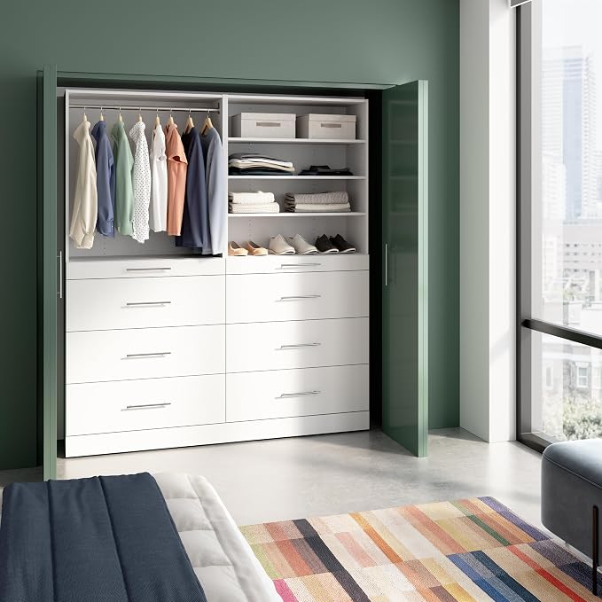Bestar 71W x 16D Modular Closet Organizer System, Reach-in or Walk-in Closet with Shelves and Drawers, Slab Style, Florence Collection, White