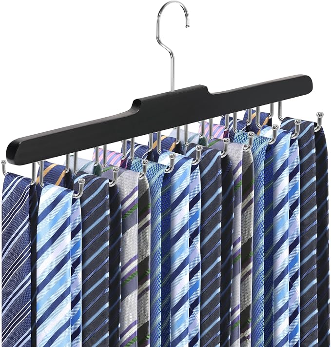 Tie Rack Hanger for Closet, Upgraded Tie Holder Organizer for Men, Black | Non Slip Neck Tie Organizer with 20 Foldable Hooks, Belt Hanger Space Saving, Fits for Tank Tops Bras Cami Scarves