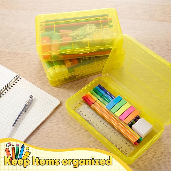 Blulu 6 Pack Large Plastic Pencil Case Box Clear Pencil Boxes Bulk Hard Crayon Box Storage with Snap Lids 8.1 x 4.7 x 2.2 Inch Painting Organizer Classroom Stationery School Supplies (Yellow)
