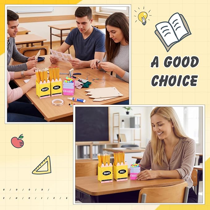 DoubleFill 3 Pcs Sharp and Dull Pencil Holder Eraser Buckets Wooden Shaped Dispenser for Back to School Teachers Classroom Management (Sharpened Pencil)