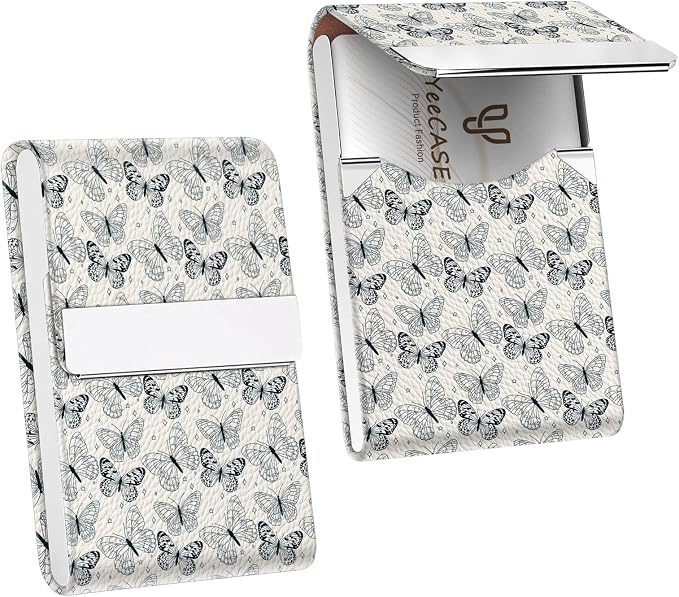 2Pack Leather Stainless Steel Business Card Holder, Metal Slim Business Card Case for Women or Men, Pocket Business Card Carrier with Prints, Magnetic Closure, RFID Blocking