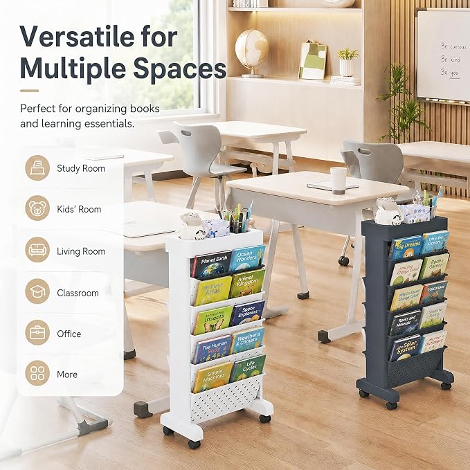6-Tier Rolling Bookshelf Magazine Rack with Wheels Black | Mobile Bookcase, Book Storage File Folder Organizer Cart for Home Study Office Living Room Classroom