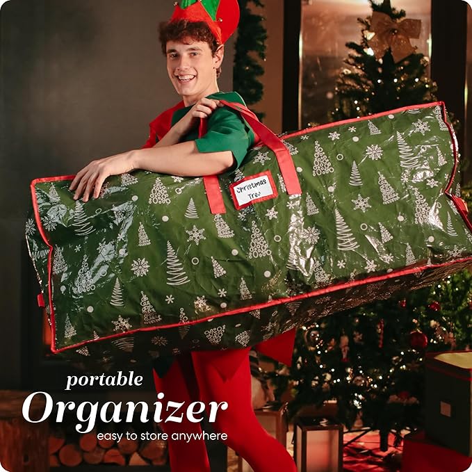 Christmas Tree Storage Bag - Stores 7.5 Foot Artificial Xmas Holiday Tree, Durable Waterproof Material, Zippered Bag, Carry Handles - Protects Against Dust, Insects & Moisture (Green Printed)