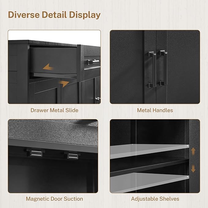 usikey 55" Buffet Cabinet with Storage and Drawers, Large Sideboard Buffet Cabinet with Adjustable Shelves and Doors, Modern Coffee Bar for Kitchen, Living Room, Black