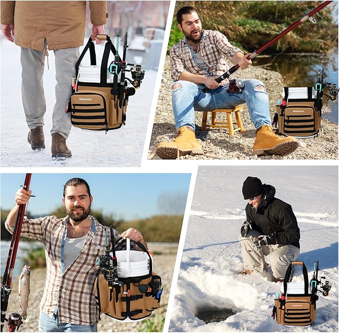 Boomistry Fishing Bucket Organizer for 5 Gallon Bucket, Khaki | 15 Multi-Pockets, 4 Built-in Rod Holder Storage, 3 Adjustable Buckles, for All Fishing Gear & Tackle Accessories