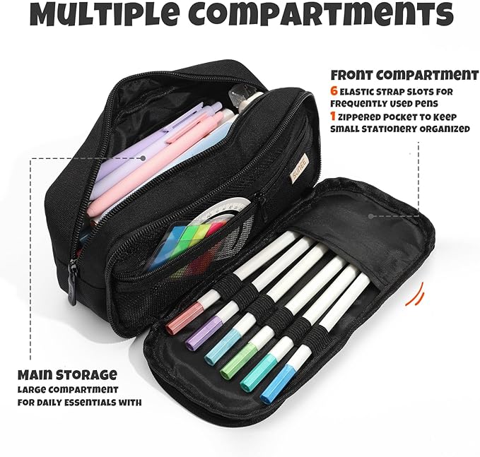 SUNEE Pencil Case, Large Capacity Pencil Pouch, Extra Big Pencil Bag with 6 Compartments, Durable Canvas Pencil Box for Office Stationery Organizer, Back to School Supplies for Teen Boys Girls, Black