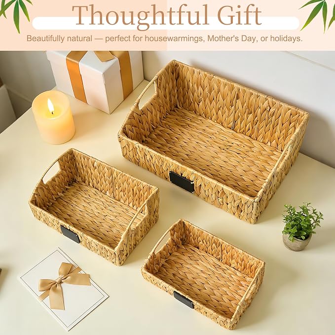 3 Pack Handwoven Wicker Basket Rattan Storage Basket with Built-in Handles for Pantry Organizers and Storage Shelves Bedroom Bathroom Laundry Room or Kitchen