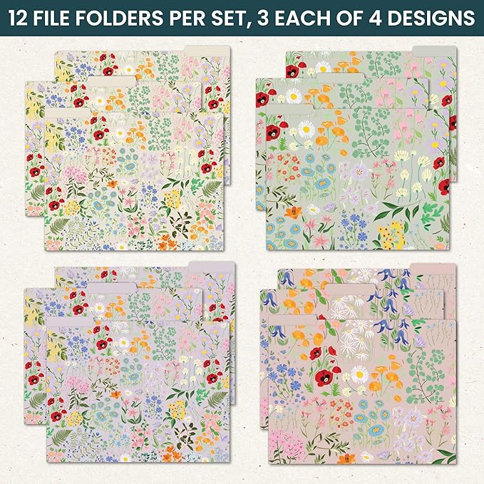 bloom daily planners Decorative File Folders - Set of 12 Letter Size (8.5” x 11”) Organizers, 1/3 Cut Tabs - Aesthetic Floral Folders for School & Office - Garden Party