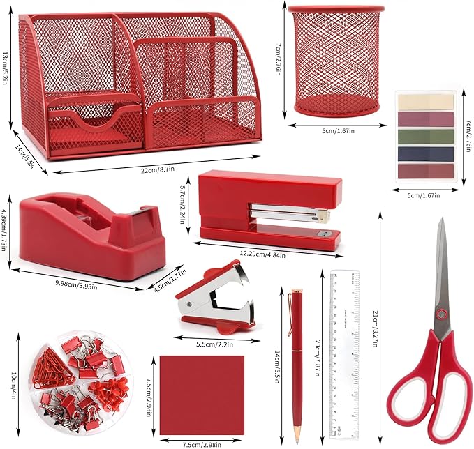 12 in 1 Red Desk Organizers and Accessories, Office Supplies Set Gifts for Coworkers, Office Supplies Include Stapler Pen Holder Tape Holder Staples Scissors Ruler Staple Remover for Home School