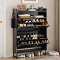 Wodeer Shoe Storage Cabinet with 2 Flip Drawers, Narrow Wood Shoe Cabinet Storage for Entryway with Metal Legs & Hooks, Adjustable Shelves, Freestanding Shoe Rack Organizer for Foyer, Hallway, Black