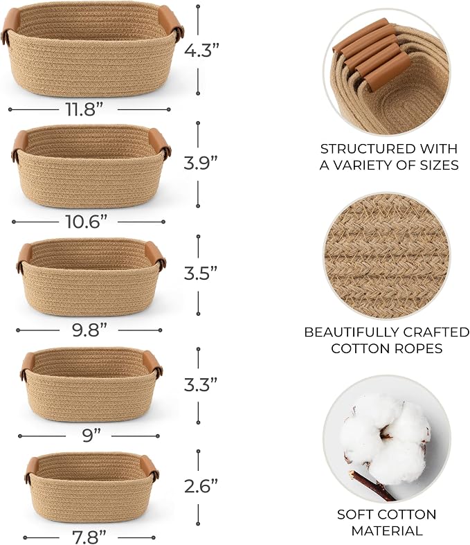 Beautiful Storage Basket Set of 5 - Sturdy Jute Rope Baskets for Shelves Are Perfect for Organizing Your Home - Quality Storage Bins Easily Fit With Any Nursery or Bedroom Decor