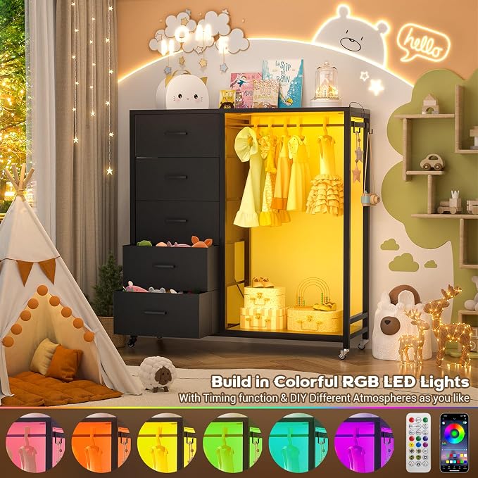 Cyclysio Storage Clothes Rack with 5 Drawers, Garment Rack with Charging Station & LED Lights, Fabric Chest Shelves Clothing Rack, Wooden Portable Wardrobe Closet