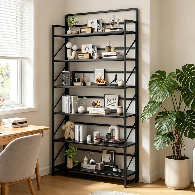 JSB 6 Tier No Assembly Folding Bookshelf, 30.3" Wide Foldable Storage Bookcase for Home Office, Space-Saving Storage Shelf for Living Room (Black)