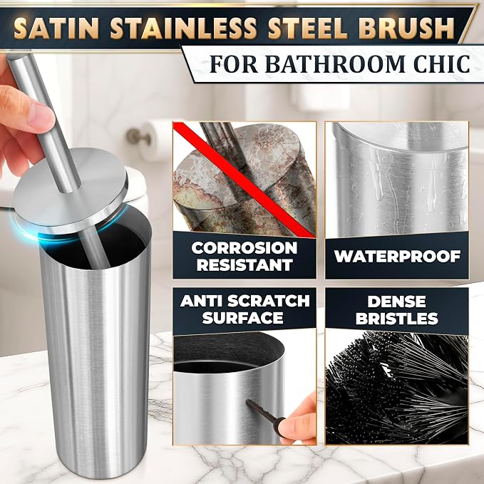 Stainless Steel Toilet Brush and Holder Set, Splash Guard (Silver) | Toilet Bowl Brush and Holder, Removable Inner Bowl, Dense Bristles, Long Handle, Scratch Resistant, for Modern Bathrooms